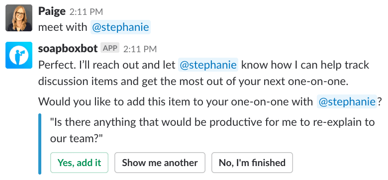 How to supercharge your one-on-one meetings with the SoapBox SlackBot