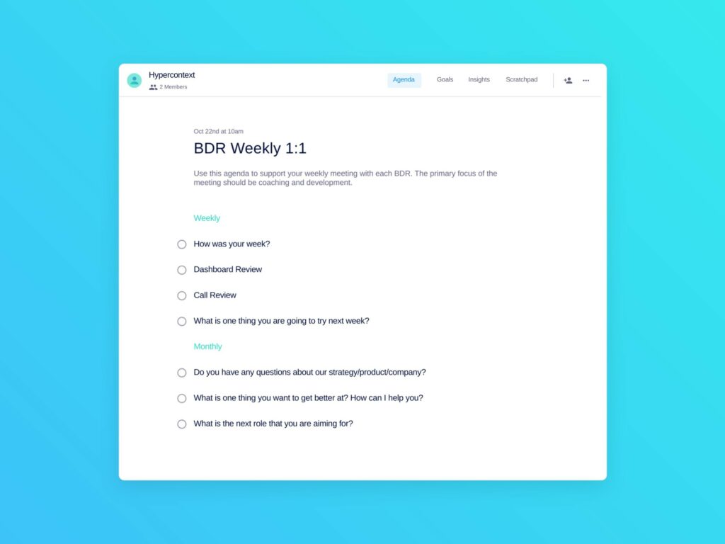 bdr weekly one-on-one agenda template